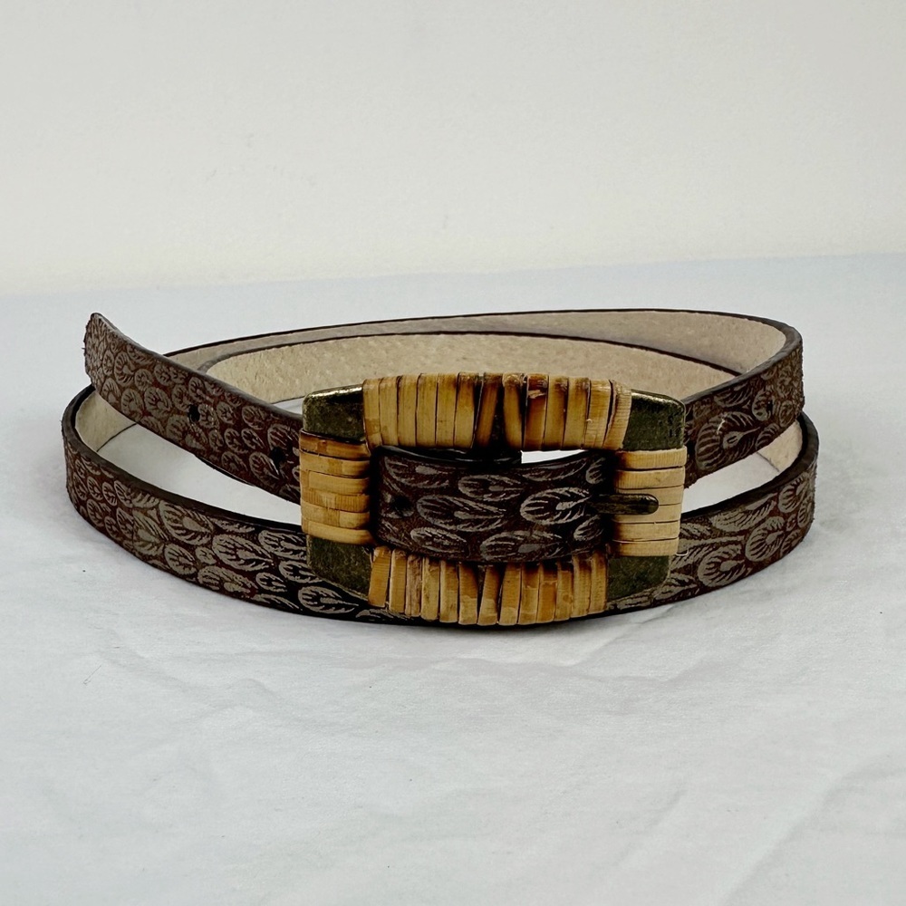 Chico's Vintage Metallic Feather Brown Leather Belt